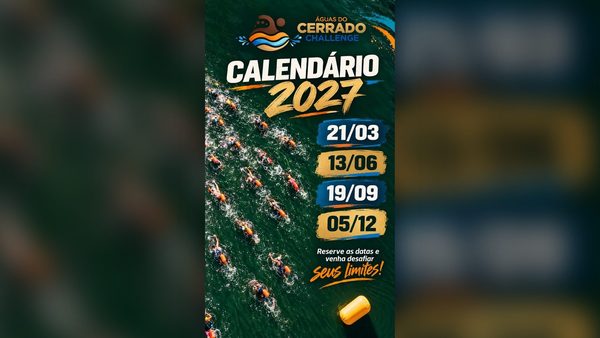 Arte da organização com o calendário 2027 do Águas do Cerrado Challenge, vista aérea de nadadores com boias laranja no lago: 21/03, 13/06, 19/09 e 05/12